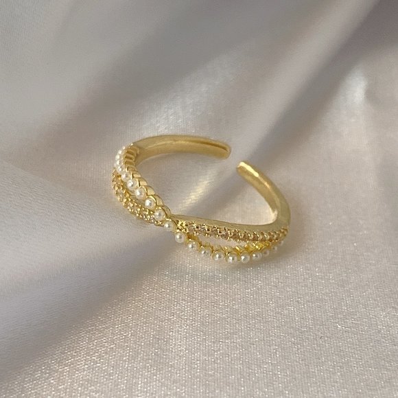 Pearl and CZ Cross Open Ring - Picture 1 of 9